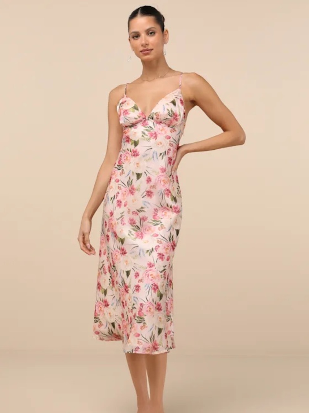Lulus Alaia Blush Multi Floral Satin Backless Midi Dress size Medium NWOT